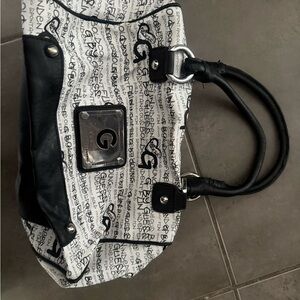G by Guess White and Black Logo Script Tote